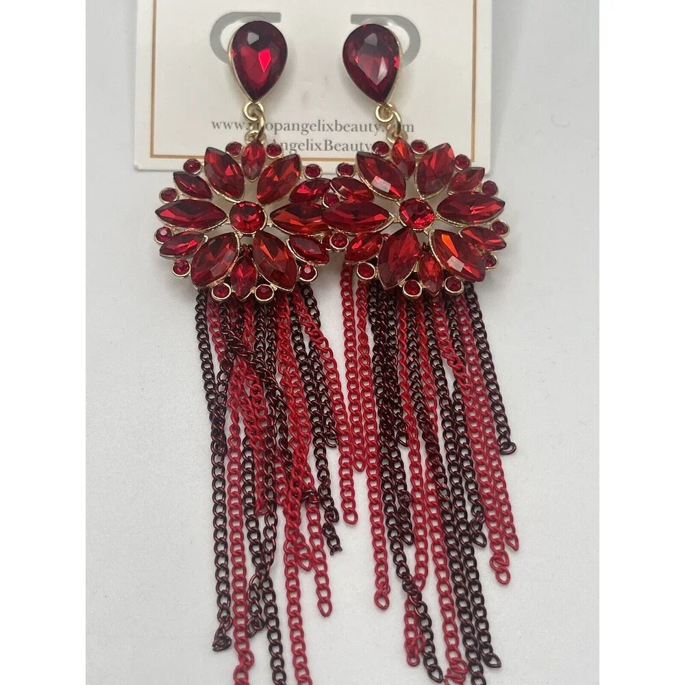 Angelix Beauty Red Rhinestone Chain Tassel Statement Earrings New